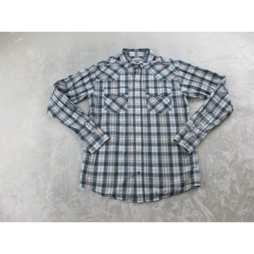 Ariat Shirt Mens Small Blue Plaid Retro Fit Equestrian Pearl Snap Western Cowboy